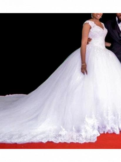 Affordable A-Line Wedding Dress V-Neck Lace Regular Straps Bridal Gowns Court Train_2