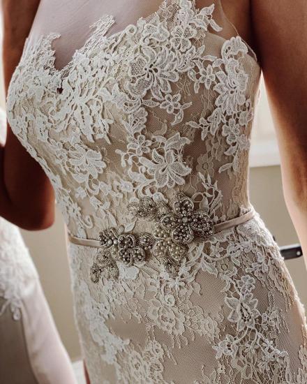 Affordable Sleeveless Wedding Dress Floral Lace A-line Bridal Dress_5