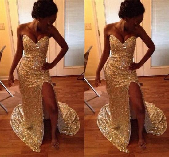 Mermaid Sparkly Sweetheart 2022 Evening Dresses Split Gold Sequins Prom Dresses_2