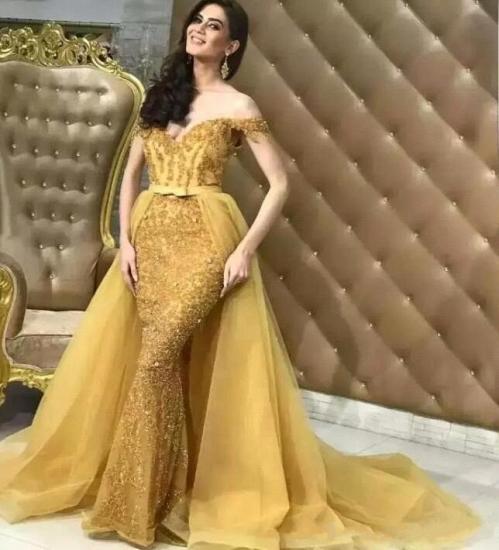 Schöne Gelbe Abendkleide Meerjungfrau | Elegante Abendkleider Schulterfrei