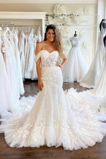 Off-the-Shoulder Sweetheart Mermaidd Bridal Gown Tulle Lace Appliques Wedding Dress_1