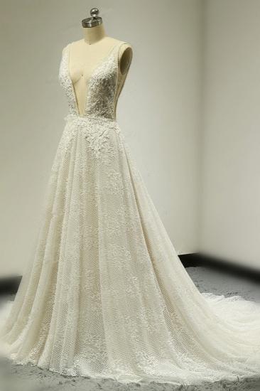 TsClothzone Sexy Tulle Deep-V-Neck Lace Wedding Dress Sleeveless Appliques Pearls Bridal Gowns On Sale_4