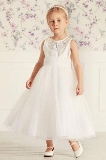 Simple White Beaded Tulle Flower Girl Dresses | Long Princess Little Girls Pageant Dresses