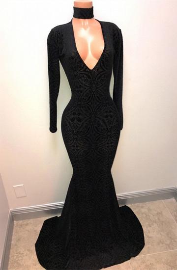 Schwarzes Spitzen Abendkleid mit V-Ausschnitt | Mermaid Langarm Abendkleider BA8512
