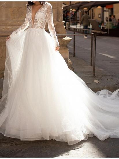 A-Line Wedding Dresses Plunging Neck Lace Tulle Long Sleeve Bridal Gowns Country Plus Size Court Train
