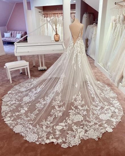 Boho Deep V-Neck Sleeveless Floral Lace Mermaid Wedding Dress Tulle Appliques_3