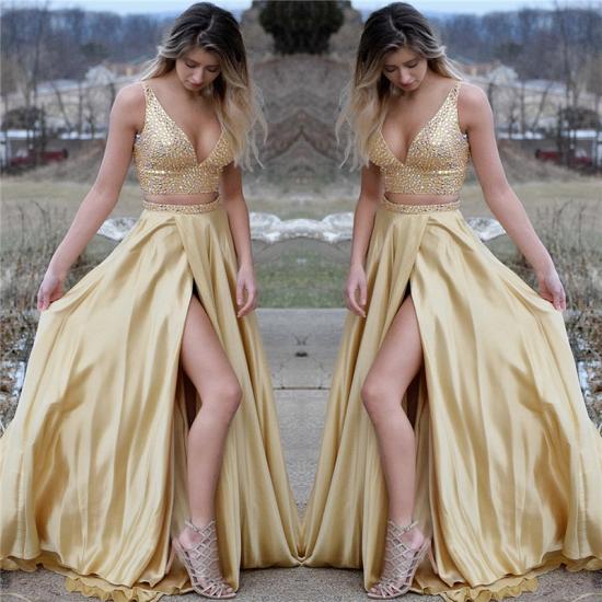 Sexy Gold Two Pieces V-Neck Evening Dresses | V-Neck Sleeveless Crystals Prom Dress_3