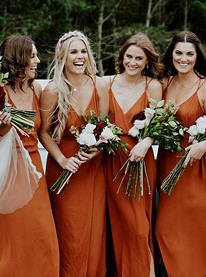 Sexy Brautjungfernkleid aus orangefarbenem Chiffon mit geteiltem V-Ausschnitt_3