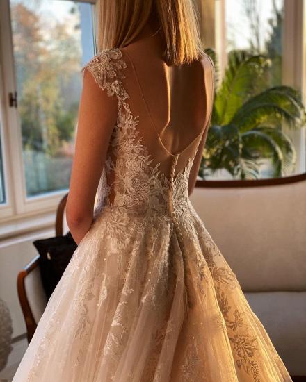 V-Neck A-line Wedding Dress Sleeveless Tulle Lace Appliques Bridal Dress_6