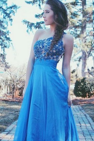 Cute One Shoulder Lace Blue Prom Dress with Beadings New Arrival Empire Chiffon Long Dresses_1