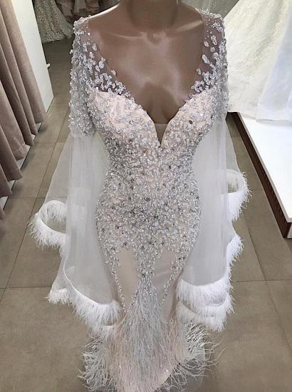 Luxuriöse Meerjungfrau V-Ausschnitt mit langen Ärmeln Kristall bodenlangen Abendkleider mit Quasten | Günstige Perlen Abendkleider_2