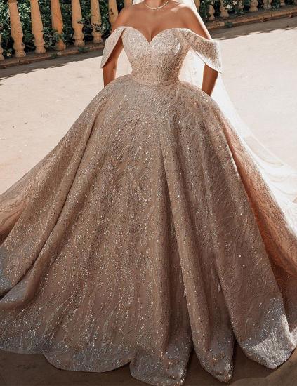 Luxurious Off-the-Shoulder Sequins Ball Gowns for Women A-line Satin Wedding Gowns_1