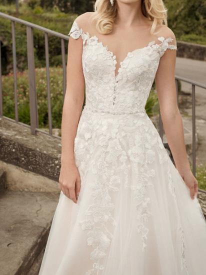 A-Line Wedding Dresses V-Neck Lace Tulle Short Sleeve Bridal Gowns Country Plus Size Court Train_2