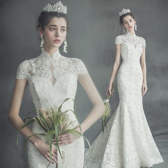 Collar Short Sleeve Mermaid Wedding Dress Slim Floral Lace Bridal Gown_2