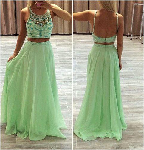 A Line Chiffon Green Evening Dresses 2022 Two Piece Prom Dress with Beads_3