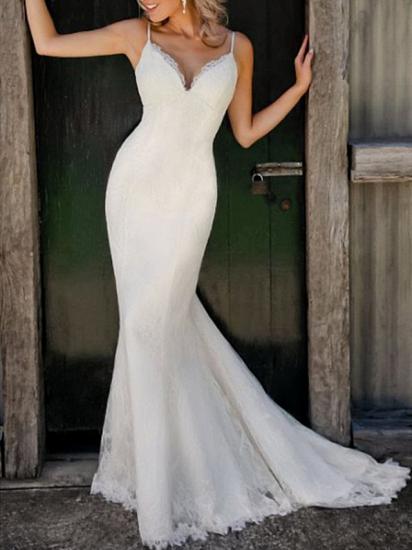Sexy Meerjungfrau-Hochzeitskleid mit V-Ausschnitt, Spaghettiträger, Spitze, ärmellos, einfache Brautkleider, Sweep-Zug