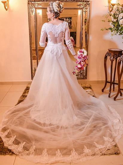 Elegantes Brautkleid aus Spitze in Übergröße 2022 Langarm-Brautkleider in A-Linie mit langer Schleppe_1