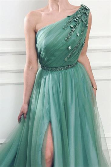 A-Line Elegant Appliques One-Shoulder Side-Slit Sleeveless Tulle Prom Dresses_3