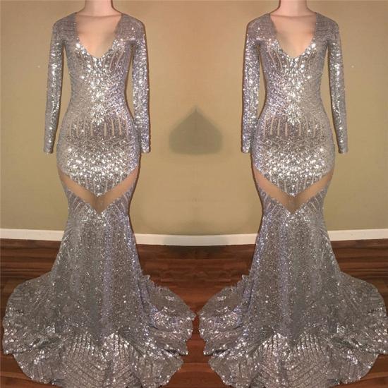 Sexy Sequined Silver Prom Dresses | V-Neck Long Sleeveless 2022 Evening Dresses_3
