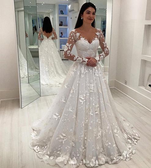 Elegant Long Sleeves V-Neck A-Line Wedding Dress | Lace Appliques Sweep Train Bridal Gown On Sale_3