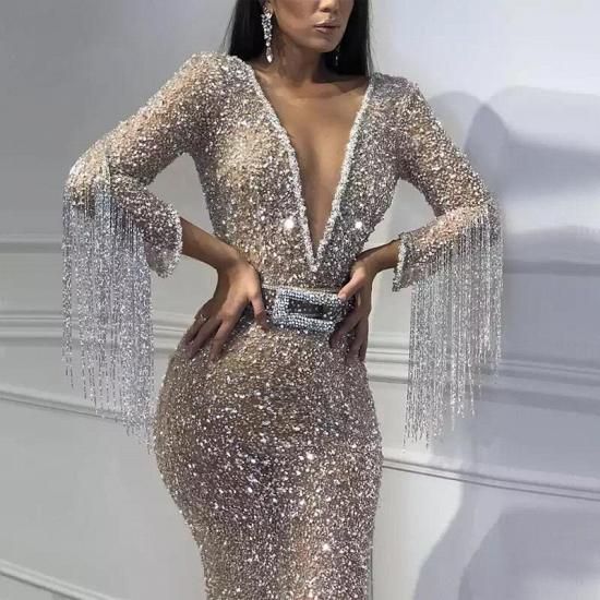 Luxury Deep V-Neck Mermaid Evening Dresses | 2022 Long Sleeves Sequins Crystal Prom Dresses with Tassels_4