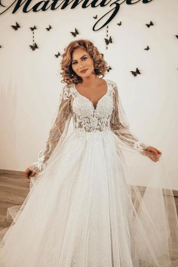 Boho Long puffy Sleeves V-Neck Tulle Lace A-line Wedding Dress_1