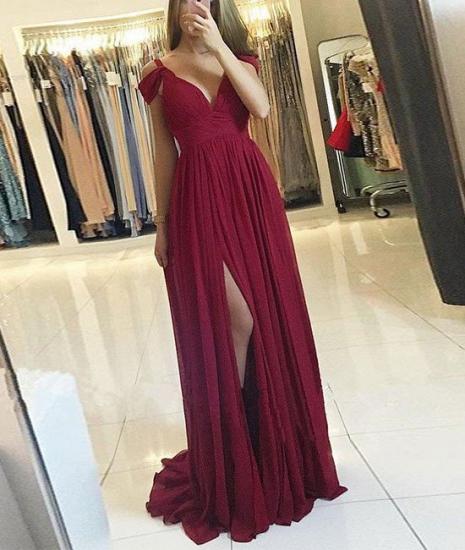 Chiffon A-line Burgundy Formal Dress 2022 Cheap Side Slit Long Off-the-Shoulder Prom Dresses_2