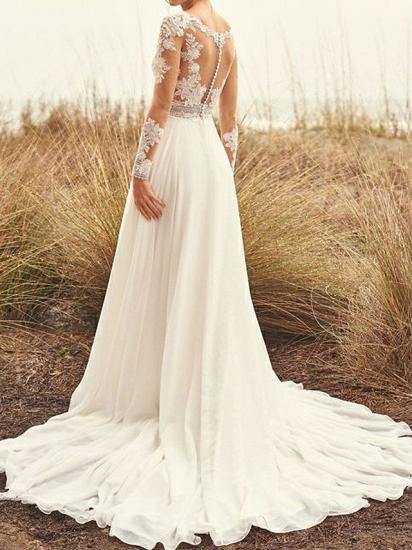 Beach Boho A-Line Wedding Dress Bateau Chiffon Lace Long Sleeve Bridal Gowns Backless Sweep Train_2