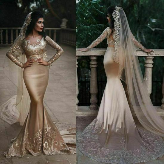 Luxurious Two-piece Mermaid Champagne Wedding Dresses With Lace Appiques And Beading | Long Sleeves Bride's Gowns On sale_3