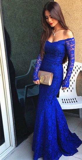 Mermaid Long Sleeve Royal Blue 2022 Evening Dress Lace Off the Shoulder Party Gown_4