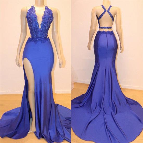 Sexy V-neck Sexy Open back Side Slit Prom Dresses | Elegant Royal Blue Mermaid Beads Lace Evening Gowns_2