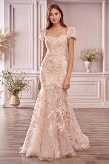 Mermaid Evening Gown Cap Bubble Sleeves Tulle Lace Appliques