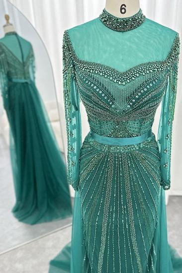 Gorgeous High Neck Beading Sequins Mermaid Evening Gown Long Sleeves Tulle Party Dress with Sweep Train_17