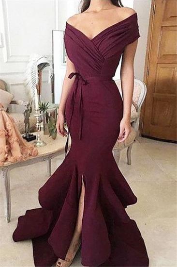 Burgundy Off-the-Shoulder Mermaid Prom Dresses 2022 Ruffles Front-Split Evening Dresses_1
