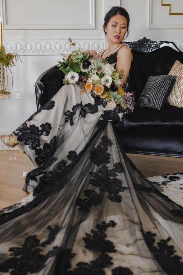 Amazing Spaghetti Straps Black Flower Long Mermaid Wedding Dress