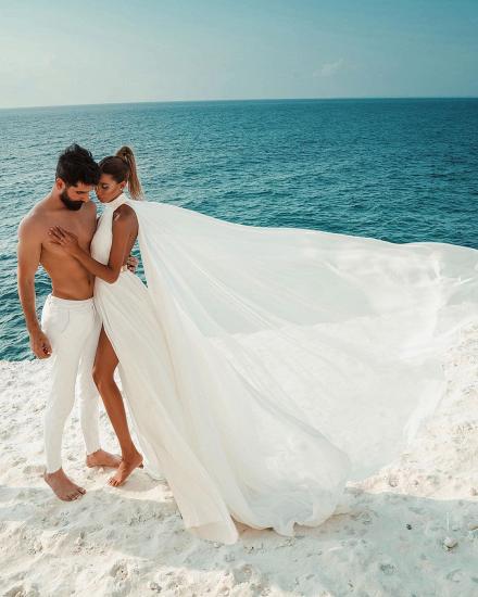 Halter White Chiffon Beach Wedding Dress Long Simple Bridal Dress with Split_3