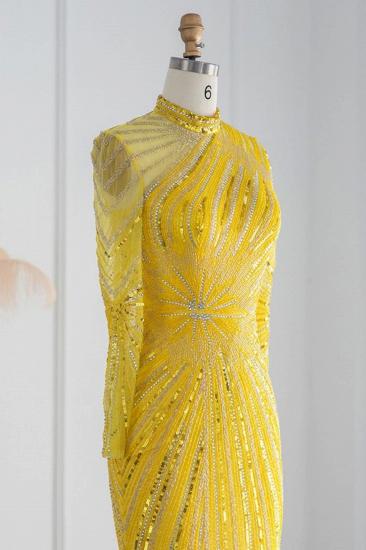 Elegante Abendkleider im Meerjungfrau-Stil mit Stehkragen und langen Ärmeln, Perlenstickerei und Kristallschärpe_23