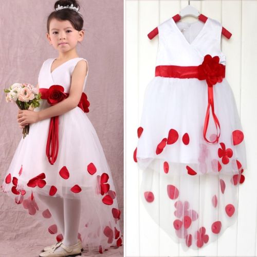 Cute White V-Neck Hi-Lo Flower Girl Dresses Unique Cheap Tulle Ball Gown Chidern Dresses with Belt