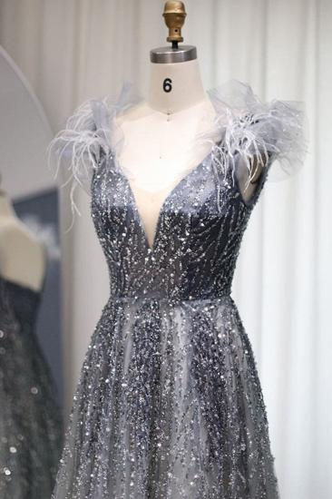 Luxury Glitter Sequins Aline Evening Party Dress V-Neck Fur Floor-Length Formal Dresses_4