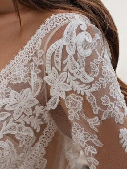Beach Illusion A-Line Wedding Dress V-Neck Tulle 3/4 Length Sleeve Bridal Gowns Sweep Train_4