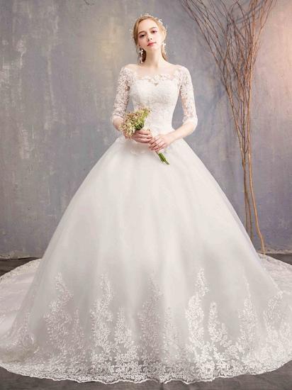 Ball Gown Wedding Dress Jewel Tulle Lace Half Sleeve Bridal Gowns Chapel Train