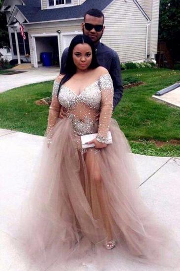 Delicate Plus-Size Stunning Long-Sleeve Tulle Split Crystal Prom Dress_3