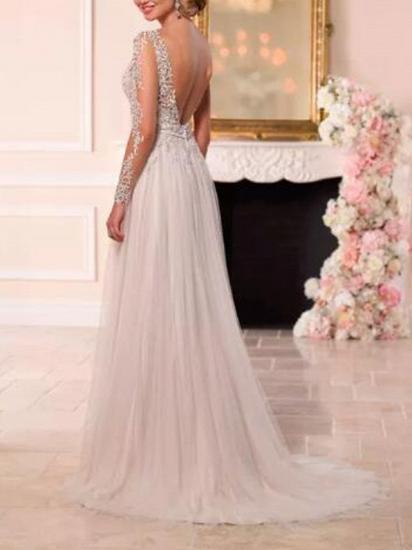 A-Line Wedding Dress V-neck Lace Tulle Long Sleeves Bridal Gowns Romantic See-Through Backless with Sweep Train_2