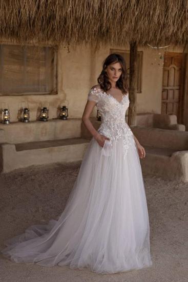 Elegant Short Sleves Tulle Lace A-line Simple Wedding Dress
