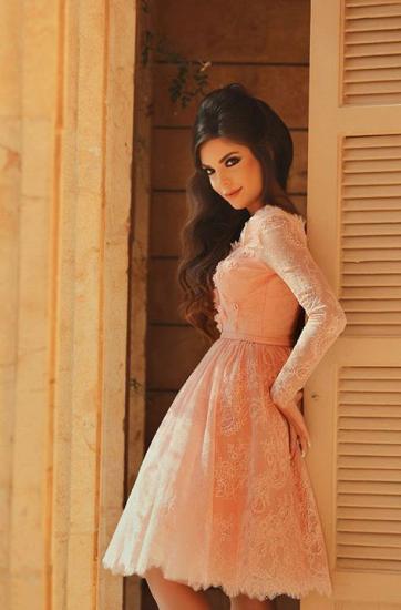 Cute Pink V-Neck Long Sleeve Homecoming Dress Latest A-Line Lace Knee Length Coctail Dresses_3