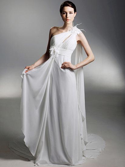 Sheath Wedding Dress One Shoulder Chiffon Sleeveless Bridal Gowns with Watteau Train_1