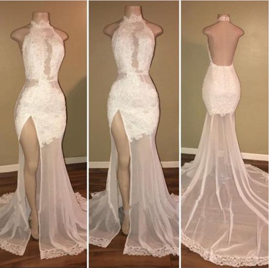 Elegant White Lace Halter Prom Dress Mermaid Backless Party Dress With Slit_3