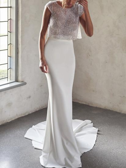 Sexy See-Through Two Piece Mermaid Wedding Dress Tulle Sequined Chiffon Cap Sleeve Bridal Gowns