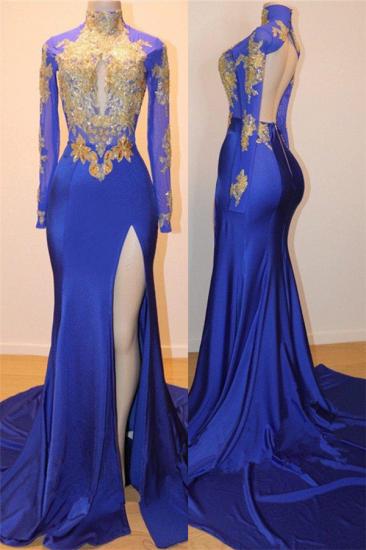 Royal Blue Goldapplikationen Sexy Open Back Prom Dress | Günstiges Abendkleid mit Seitenschlitz und langen Ärmeln_1