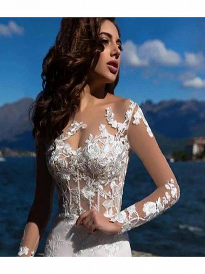 Mermaid Wedding Dress Bateau Lace Tulle Lace Over Satin Long Sleeves Bridal Gowns Sexy See-Through Backless with Court Train_4